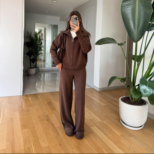 Ayer Women's Hooded Knit Lounge Set - Coffee Brown Comfortable Tracksuit