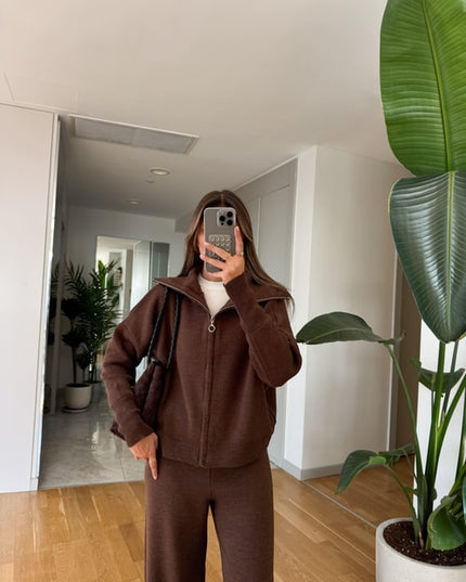 Ayer Women's Hooded Knit Lounge Set - Coffee Brown Comfortable Tracksuit