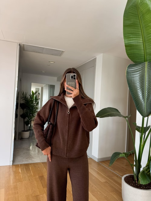 Ayer Women's Hooded Knit Lounge Set - Coffee Brown Comfortable Tracksuit