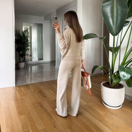 Ayer Hooded Knit Tracksuit Set for Women - Stone Beige Comfort