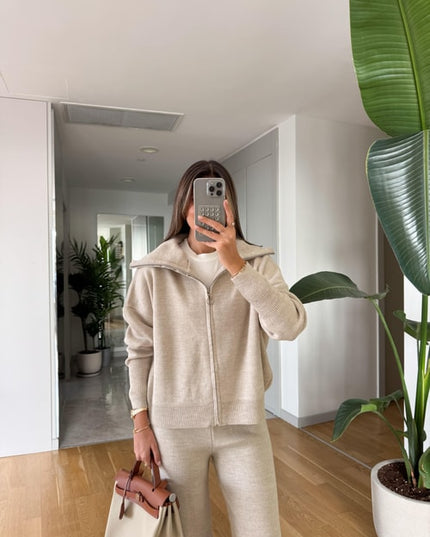 Ayer Hooded Knit Tracksuit Set for Women - Stone Beige Comfort