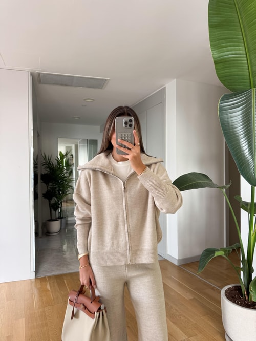 Ayer Hooded Knit Tracksuit Set for Women - Stone Beige Comfort