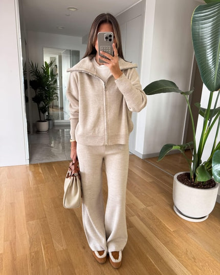 Ayer Hooded Knit Tracksuit Set for Women - Stone Beige Comfort