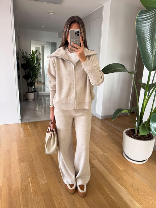 Ayer Hooded Knit Tracksuit Set for Women - Stone Beige Comfort