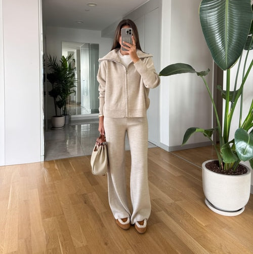 Ayer Hooded Knit Tracksuit Set for Women - Stone Beige Comfort