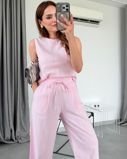 Freya Linen Sleeveless Blouse & Trousers Set - Pink