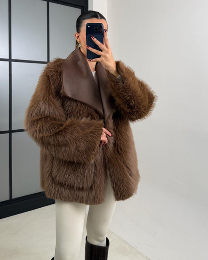 Luxurious Coffee Reversible Faux Fur Puffer Coat Chic Warm Winter Outerwear GAUS-00691