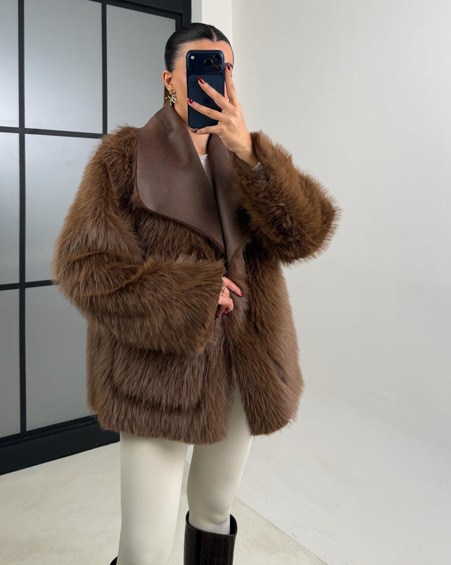 Luxurious Coffee Reversible Faux Fur Puffer Coat Chic Warm Winter Outerwear GAUS-00691