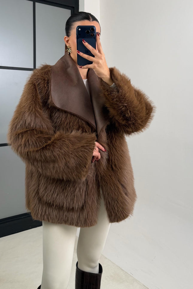 Luxurious Coffee Reversible Faux Fur Puffer Coat Chic Warm Winter Outerwear GAUS-00691