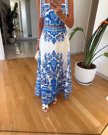 Tie-Detail Bustier Skirt Set - Blue