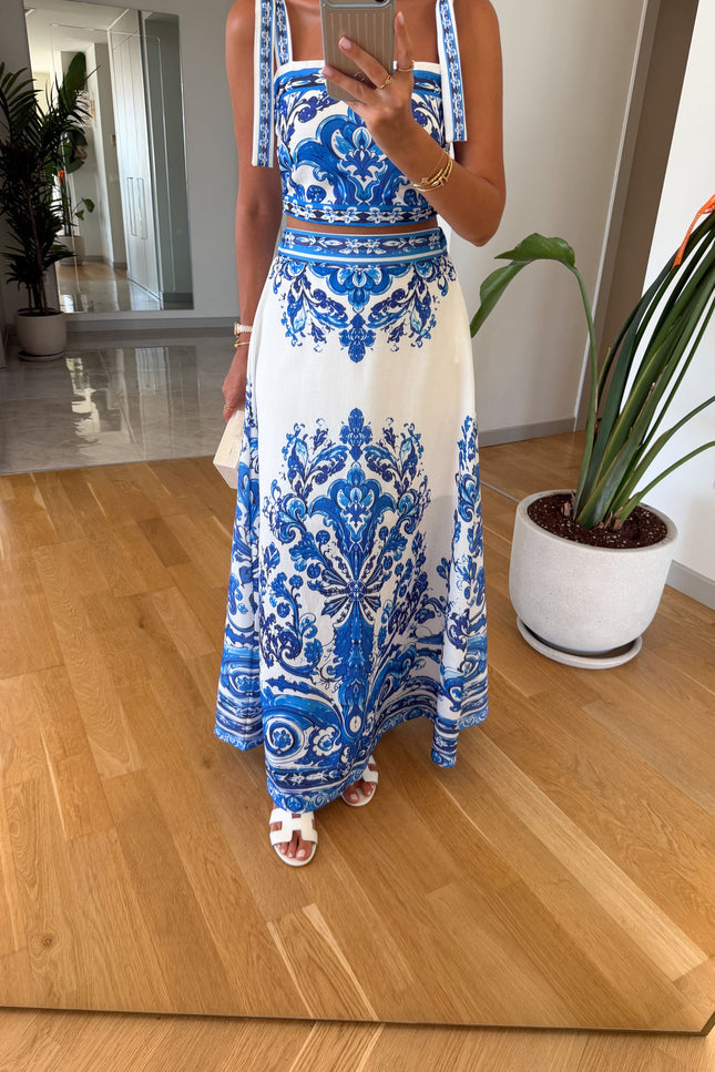 Tie-Detail Bustier Skirt Set - Blue