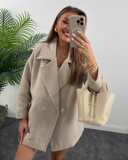 Elegant Herringbone Lined Loose Fit Cachet Coat - Stone Beige Women's Outerwear