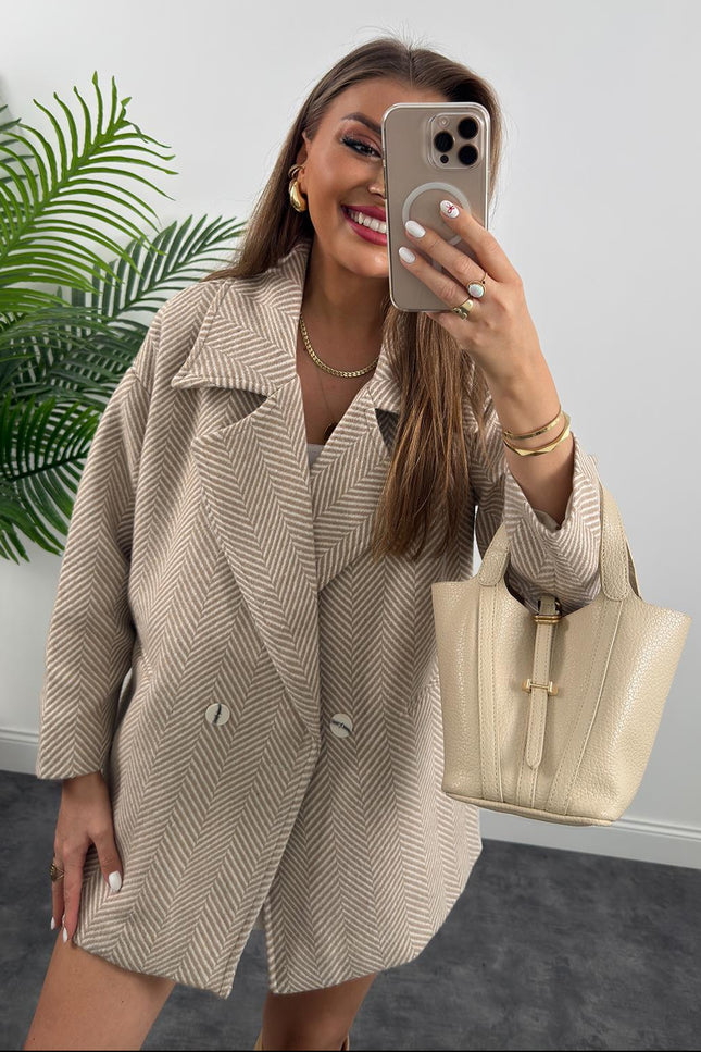 Elegant Herringbone Lined Loose Fit Cachet Coat - Stone Beige Women's Outerwear