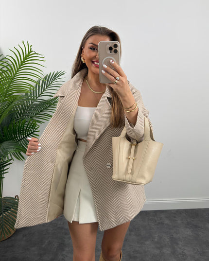 Elegant Herringbone Lined Loose Fit Cachet Coat - Stone Beige Women's Outerwear