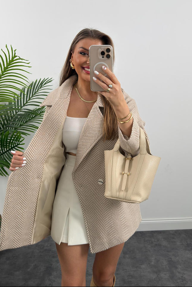 Elegant Herringbone Lined Loose Fit Cachet Coat - Stone Beige Women's Outerwear