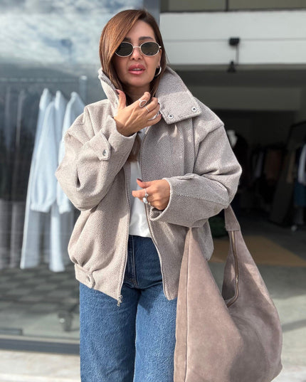 Elegant Women's Beige Textured Melton Winter Coat - Stylish Warm Outerwear Jacket