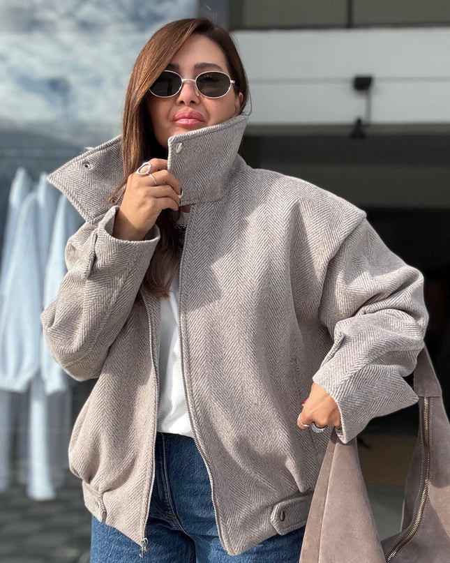 Elegant Women's Beige Textured Melton Winter Coat - Stylish Warm Outerwear Jacket