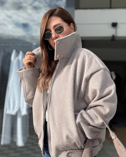 Elegant Women's Beige Textured Melton Winter Coat - Stylish Warm Outerwear Jacket