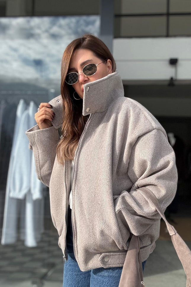 Elegant Women's Beige Textured Melton Winter Coat - Stylish Warm Outerwear Jacket