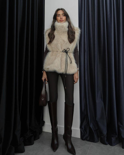 Luxurious Beige Faux Fur Vest: Chic Sleeveless High-Neck Sweater for Women