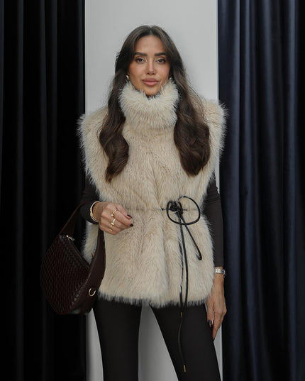 Luxurious Beige Faux Fur Vest: Chic Sleeveless High-Neck Sweater for Women