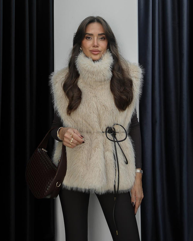 Luxurious Beige Faux Fur Vest: Chic Sleeveless High-Neck Sweater for Women