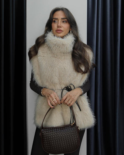 Luxurious Beige Faux Fur Vest: Chic Sleeveless High-Neck Sweater for Women