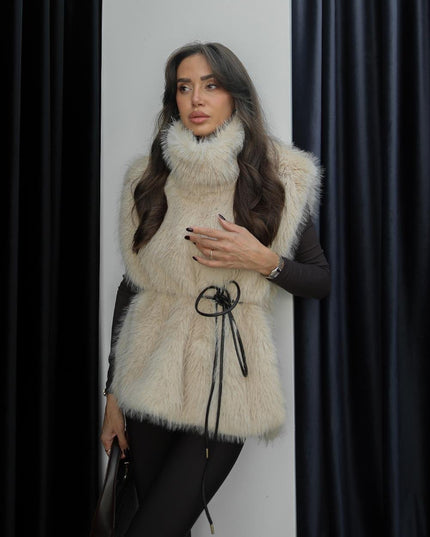 Luxurious Beige Faux Fur Vest: Chic Sleeveless High-Neck Sweater for Women