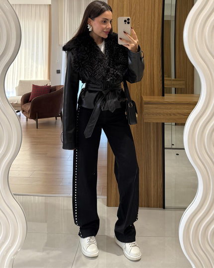 Belland Premium Black Fur-Lined Genuine Leather Winter Jacket for Women