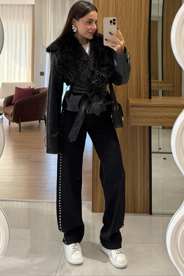 Belland Premium Black Fur-Lined Genuine Leather Winter Jacket for Women