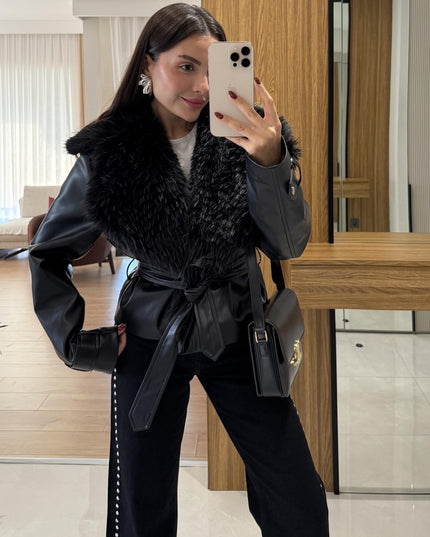 Belland Premium Black Fur-Lined Genuine Leather Winter Jacket for Women