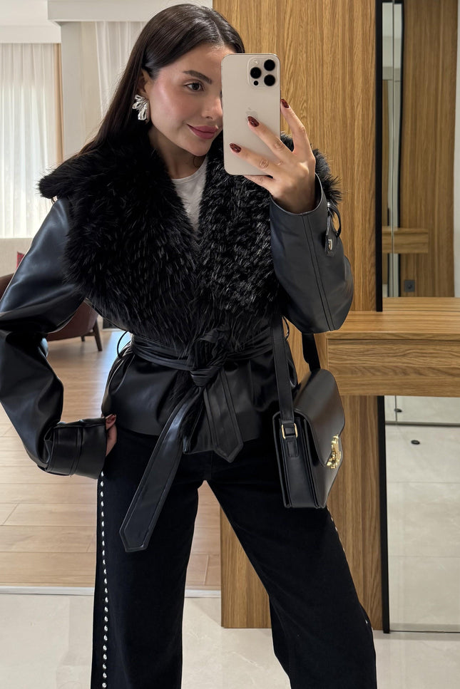 Belland Premium Black Fur-Lined Genuine Leather Winter Jacket for Women