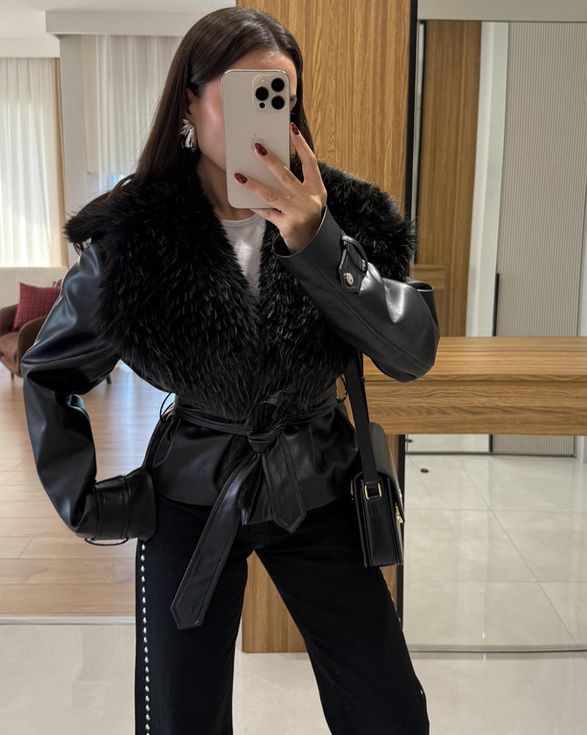 Belland Premium Black Fur-Lined Genuine Leather Winter Jacket for Women