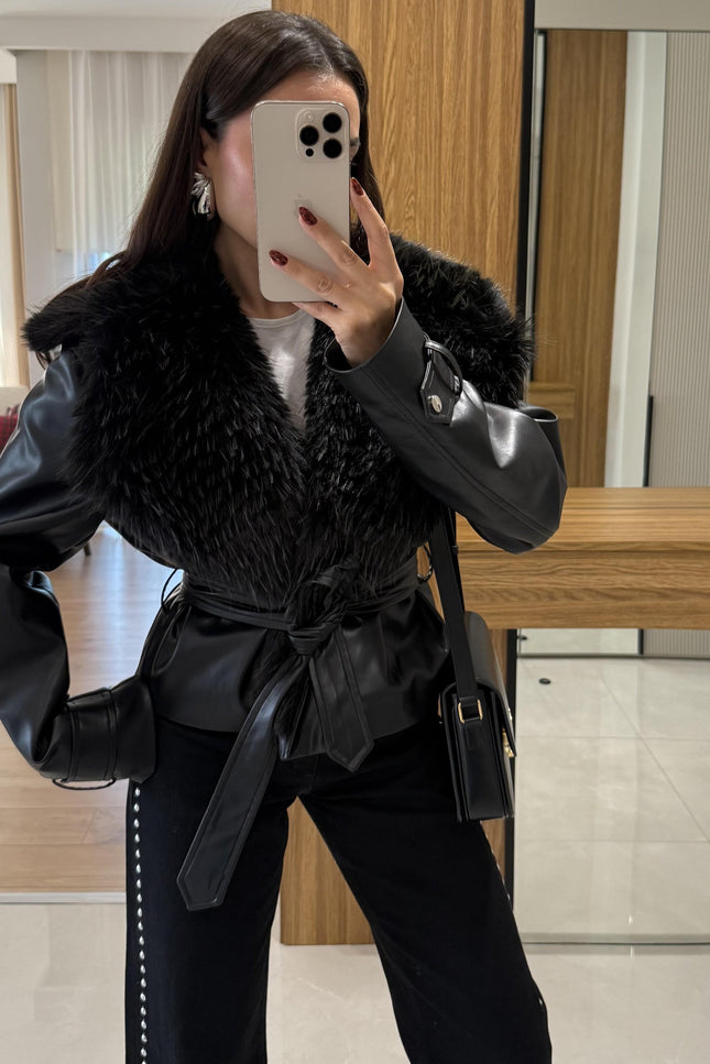 Belland Premium Black Fur-Lined Genuine Leather Winter Jacket for Women