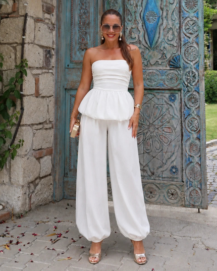 Drape Detail Balloon Sleeve Blouse & Trousers Set