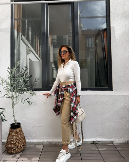 White Button-Collar Long Sleeve T-Shirt