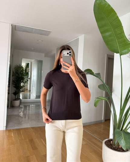 Bisiklet Yaka Kısa Kol Basic Triko - Kahve