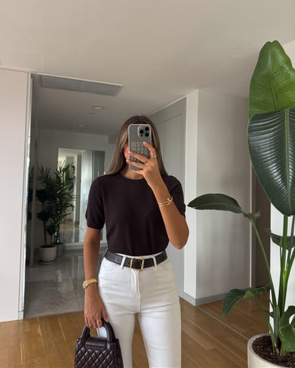 Bisiklet Yaka Kısa Kol Basic Triko - Kahve