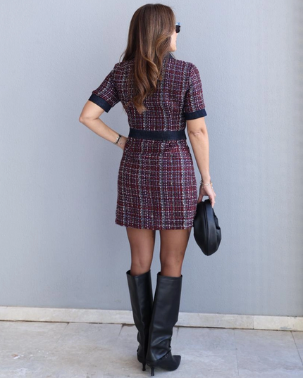 Vano Tweed Dress with Denim Detail - Burgundy