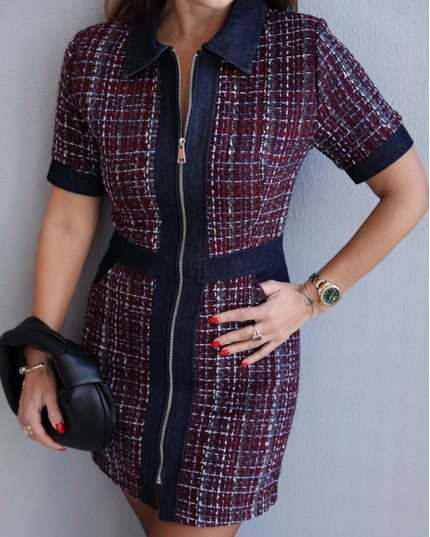 Vano Tweed Dress with Denim Detail - Burgundy