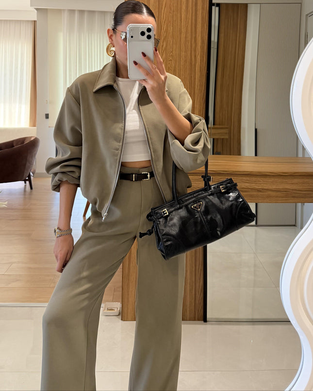 Brewa Chic Khaki Bomber Jacket & Wide-Leg Pants Two-Piece Set
