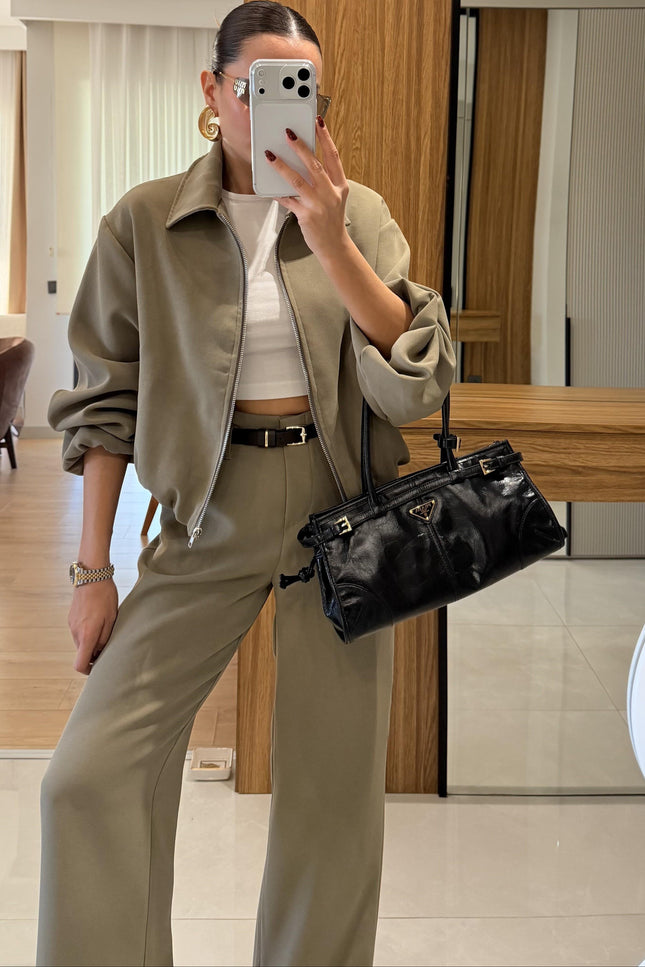 Brewa Chic Khaki Bomber Jacket & Wide-Leg Pants Two-Piece Set