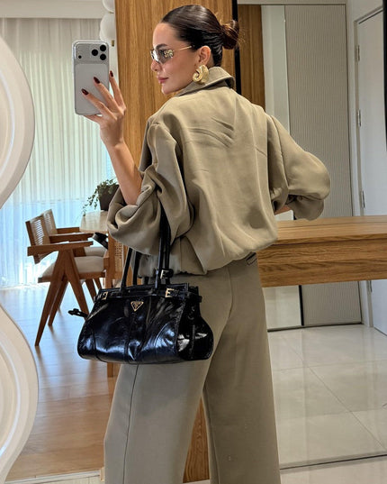 Brewa Chic Khaki Bomber Jacket & Wide-Leg Pants Two-Piece Set