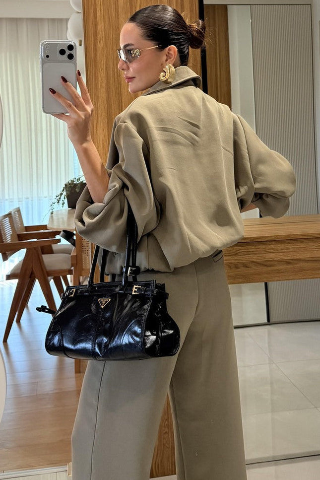 Brewa Chic Khaki Bomber Jacket & Wide-Leg Pants Two-Piece Set