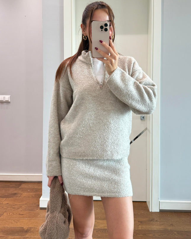 Chic Bouclé Knit Polo Collar Two-Piece Set - Elegant Beige Loungewear