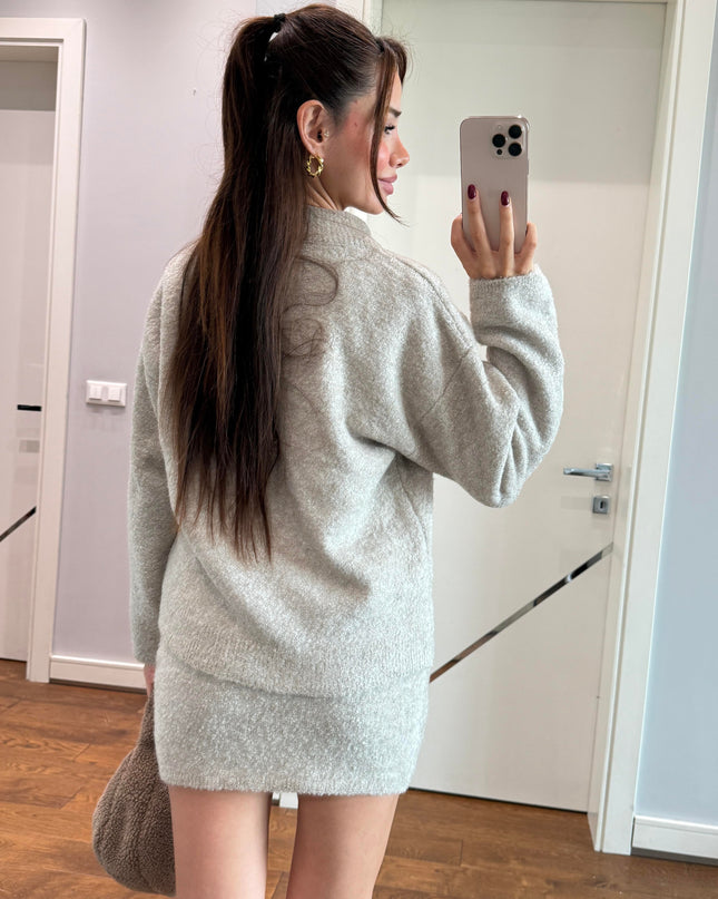 Chic Bouclé Knit Polo Collar Two-Piece Set - Elegant Beige Loungewear