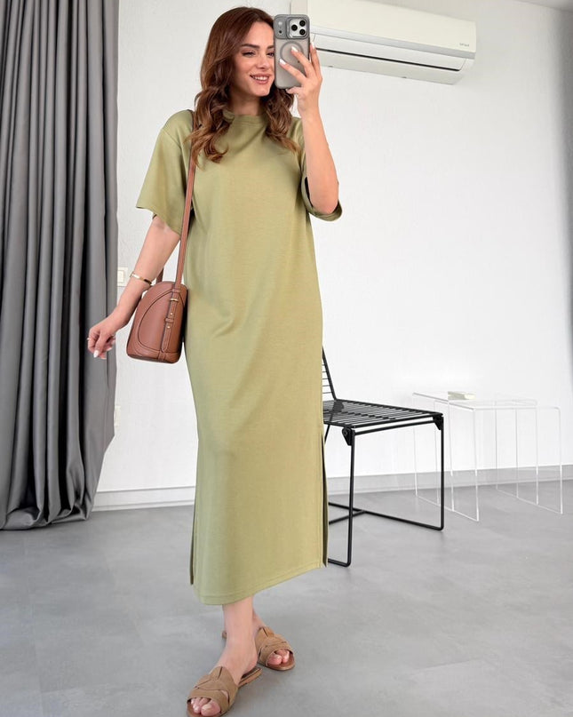 Çağla Yeşili Lady Yırtmaç Detaylı Maxi Elbise