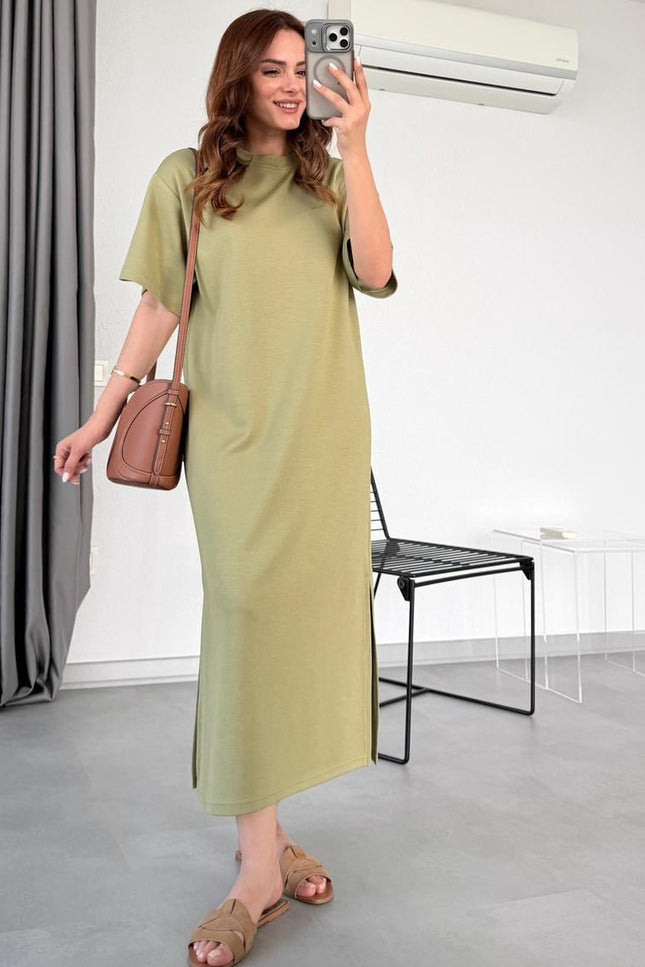 Çağla Yeşili Lady Yırtmaç Detaylı Maxi Elbise