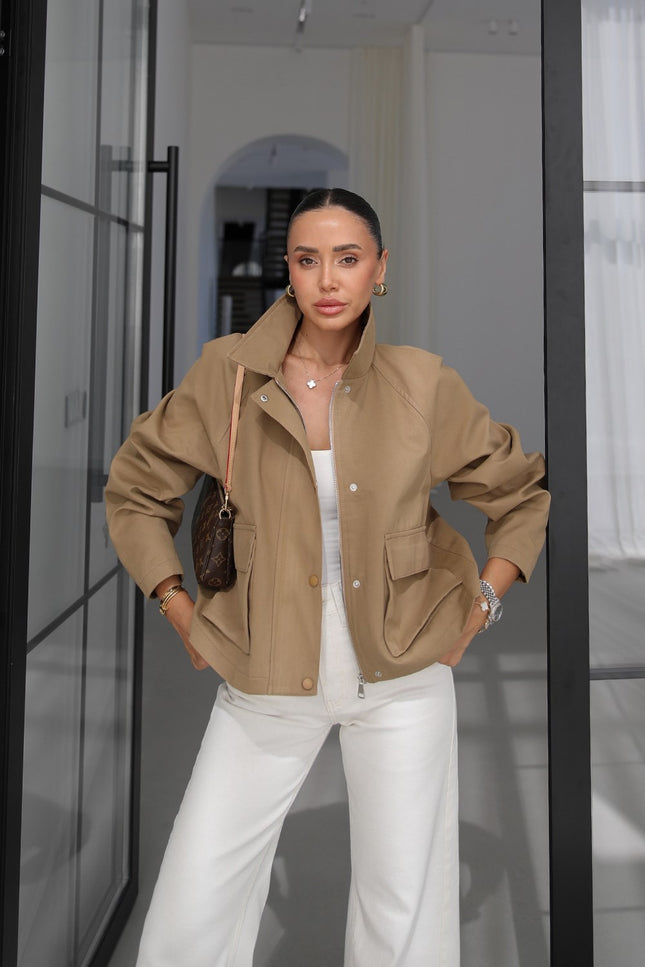 Camel Flap-Pocket Snap-Button Jacket