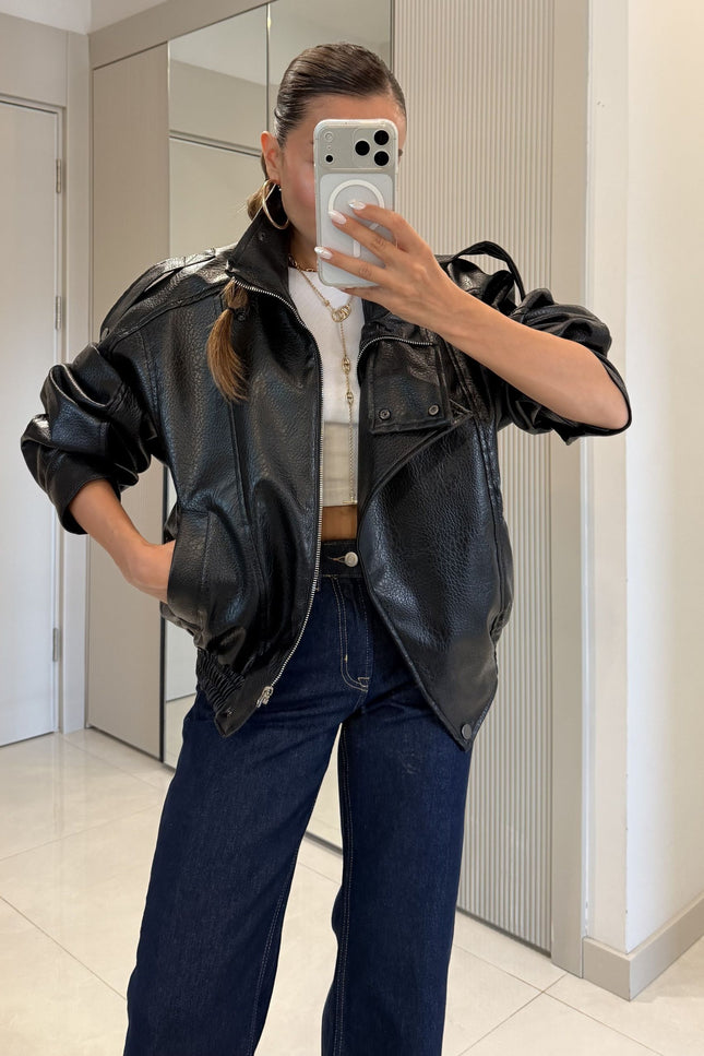 Carlota Oversize Zippered Faux-Leather Jacket